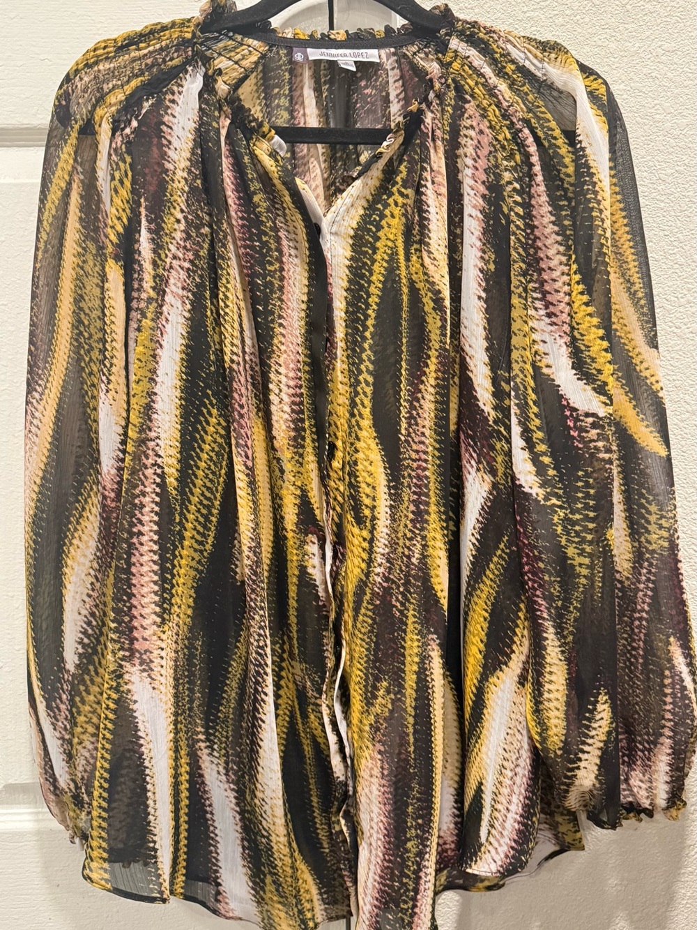 Jennifer Lopez Yellow Multicolor Sheer Printed Peasant Blouse